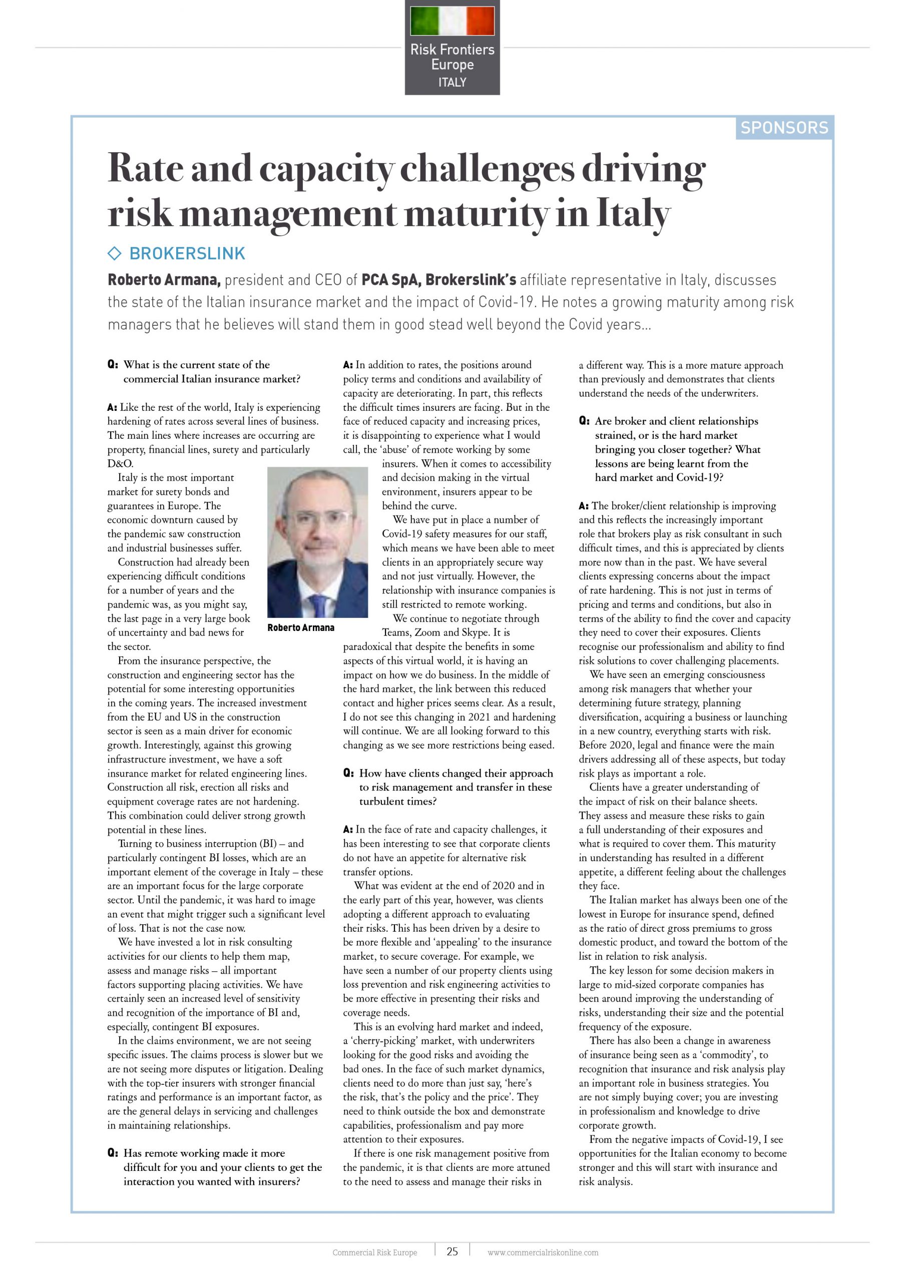 Le sfide di tasso e capacità che guidano la maturità della gestione del rischio in Italia - PCA Consultative Broker