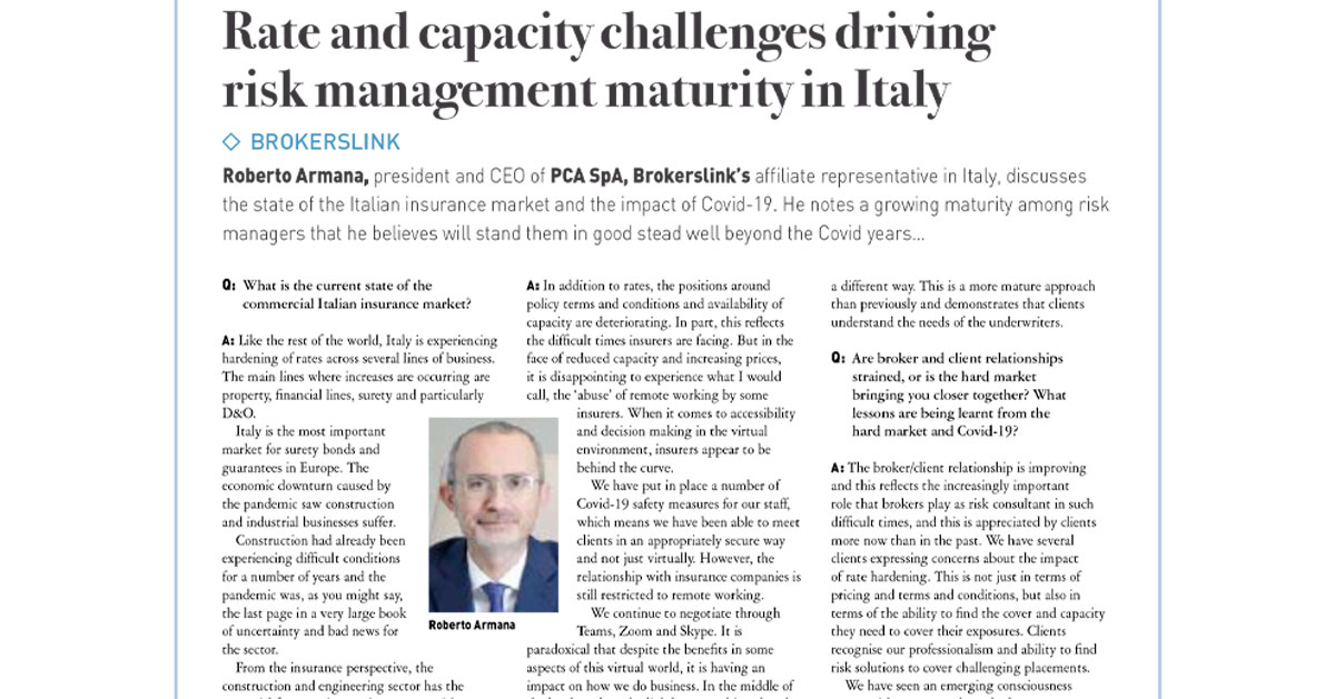 Le sfide di tasso e capacità che guidano la maturità della gestione del rischio in Italia - PCA Consultative Broker